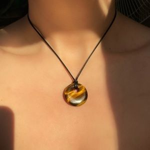 Large Tiger Stone Pendant Cord Necklace